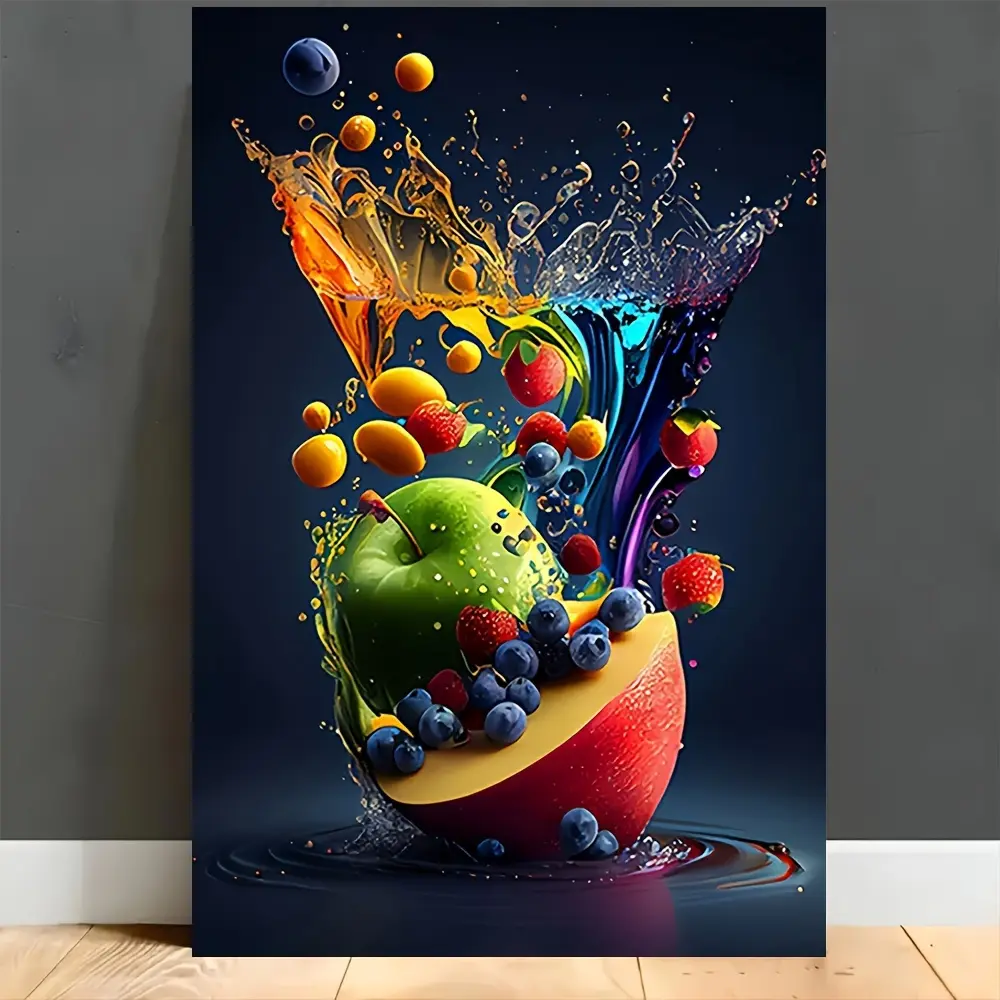Room Decor Vivid Fruit Splash Canvas Art Print, Colorful Kitchen Wall Decor, Durable Wood Wrap Frame, Office and Bedroom Wall Hanging Canvas, Aesthetic Room Decor