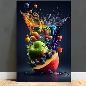 Room Decor Vivid Fruit Splash Canvas Art Print, Colorful Kitchen Wall Decor, Durable Wood Wrap Frame, Office and Bedroom Wall Hanging Canvas, Aesthetic Room Decor