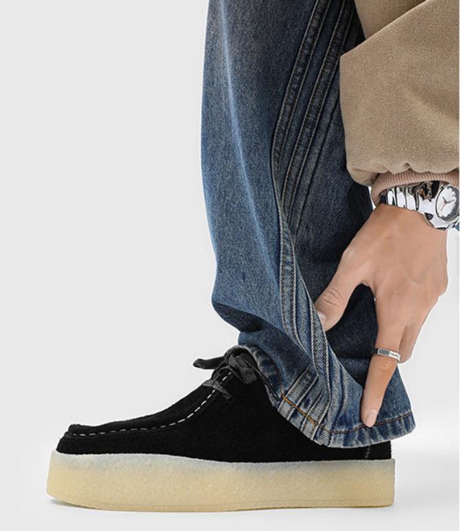 Men's Platform Moccasins Suede Black Height Increase Cream Sole Casual Shoes
