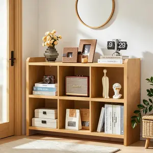 FurSch 6 Cube and 8 Cube Storage Bookcase, Mid-Century Modern Low Horizontal Bookshelf with Open Compartments, Wooden Display Shelf, Console Table and TV Stand for Living Room, Bedroom and Office