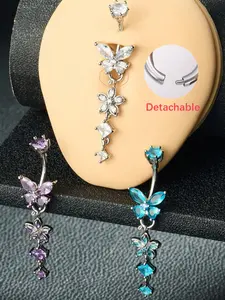 Detachable Flower Dangle Belly Button Ring Cute Butterfly Removable Belly Rings Stainteel Steel Navel Piercing Jewelry For Women, 10mm Silver Pink Purple Blue Belly Button Piercing Body Piercing 14Gauge