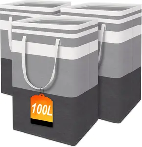 100L 3-piece large laundry basket bag waterproof independent laundry basket foldable high leg laundry basket with extended handle Cotton Metal Organiser Ultra-large Capacity #Summervibes