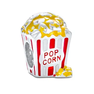 Sterling Silver Movie Lover Pop Corn Bucket Multi Color Words Popcorn Charm Bead Enamel for Bracelet