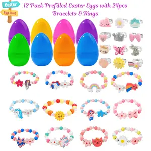 12 Pack Prefilled Easter Eggs with 24pcs Bracelets & Rings – Easter Basket Stuffers, Egg Fillers for Girls, Kids Easter Party Favors, Toddler Easter Gifts