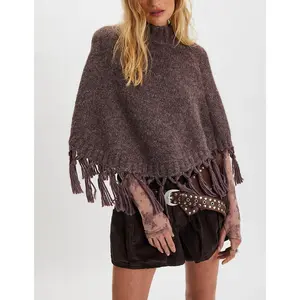 Womens Sweater Ponchos High Neck Loose Fit Solid Color Winter Tassel Capes and Shawls