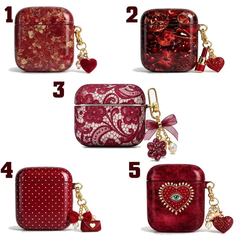 Cherry Red Coquette AirPods Case, Burgundy Bow Lace Aesthetic AirPods Gen 1 2 3 4 Pro Cover, Vintage Romantic Earbuds Case Gift, No Keychain