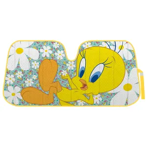 Warner Bros Looney Tunes Sunshade for Front Windshields - Tweety Bird & Daisy Flowers, Accordion Auto Shade Universal Fit for Cars, 57x27 Inches