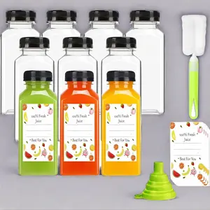 10pcs 12oz, Reusable Juice Containers with Tamper Proof Lids Black, Clear Bottles for Juicing, Milk, Smoothie Bottle, Drinking with 10Pcs Labels & Bottle Brush