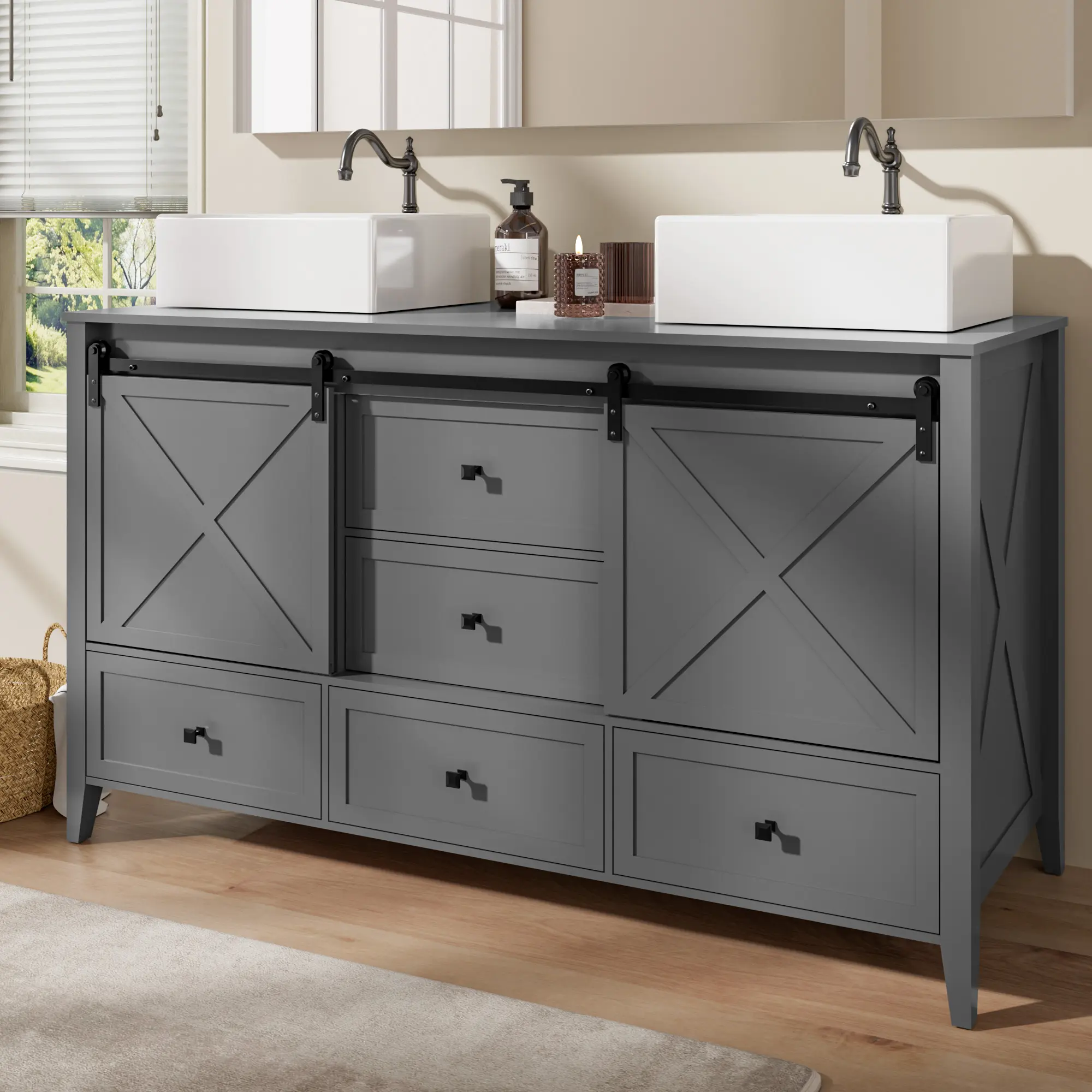 Bathroom Vanity with Sink - 60 Inch Bathroom Vanity Double Sink Ceramic, Freestanding Cabinet with 2 Farmhouse Sliding Barn Doors and 5 Drawers, Space-Saving Storage Cabinet, Grey