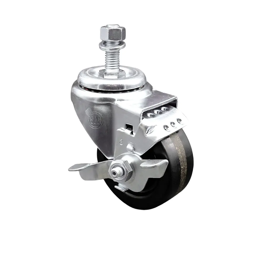 3" Swivel Caster with 1/2" Threaded Stem, Phenolic Wheel and Brake - 300 lbs. Capacity - Service Caster Brand