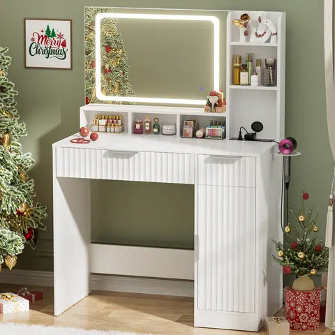 Lighted Makeup Vanity Desk with Mirror and Lights, 3 Lighting Modes Adjustable Brightness, Charging Station, Large Drawer, Storage Dresser for Pink Vanity Setup