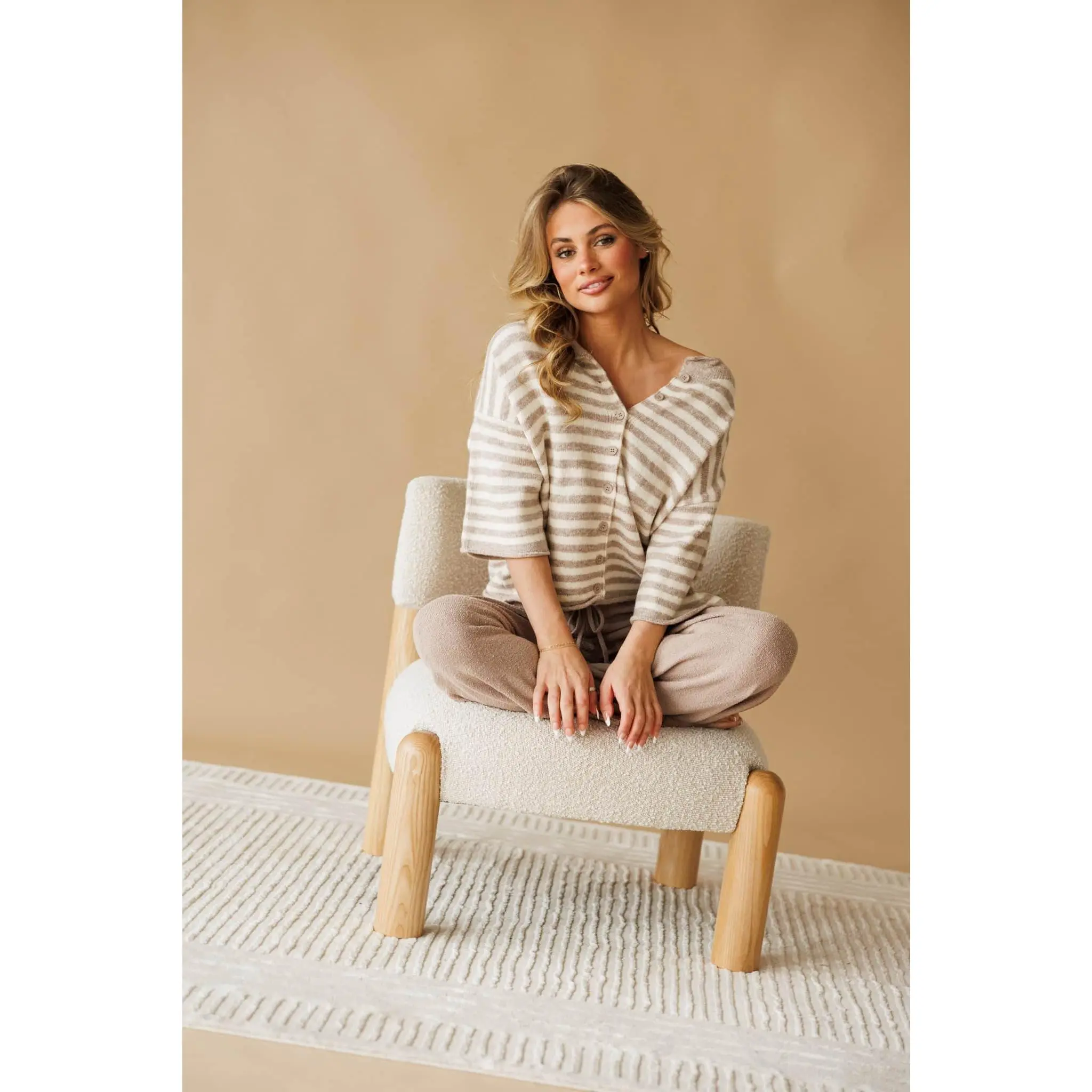 Women's Striped Crew Neck Button-Up Knit Cardigan Top, 1-Piece Casual Quarter-Sleeve Knitwear with Soft Breathable Spandex Fabric, Tops