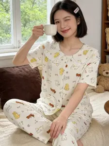 Cloud Cotton Doll Collar Sweet Cartoon Dog Short Sleeve Long Pants Sleepwear Set for Women, Home Wear, Casual Loungewear