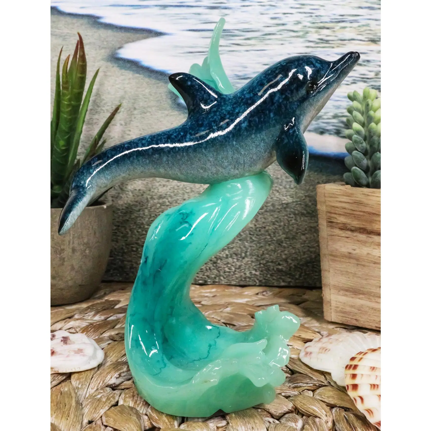 Glossy Resin Bottlenose Dolphin Sculpture, Playful Coastal Figurine with Wet-from-Ocean Illusion, Home Decor Statue of Dolphin Gliding Over Sea Waves