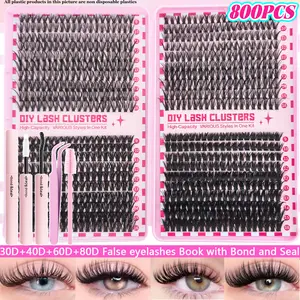 False Eyelashes Extension Kit, 800pcs/240pcs False Eyelashes Extension Kit with Bond and Seal, Lash Brush, Eyelash Glue Tweezers - 30D/40D/60D/80D Various Style Wispy Eyelash Set, Individual Eyelash D Curl Lash Kit 9-16mm Reusable DIY Lash Cluster