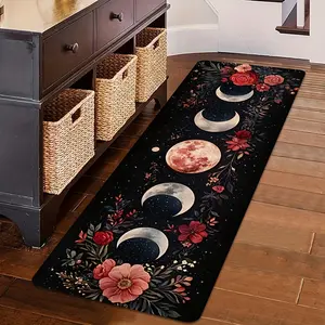 Bohemian moon phase floral carpet, artistic non-slip decorative mat, suitable for hardwood floors, laundry rooms, sink areas, bedrooms, living rooms, dining rooms, porch corridors, mechanism rectangular washable kitchen mat, home decoration accessories