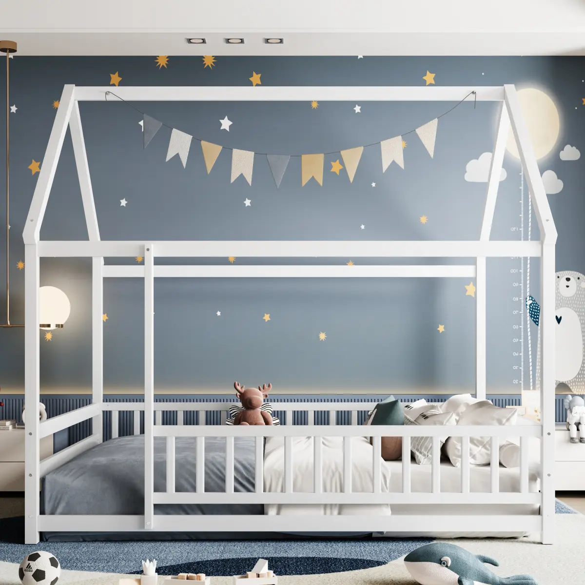 White Full Size Wooden Floor Bed Frame with House Roof Frame, Fence Guardrails, Bedroom Decor, Bed Frames