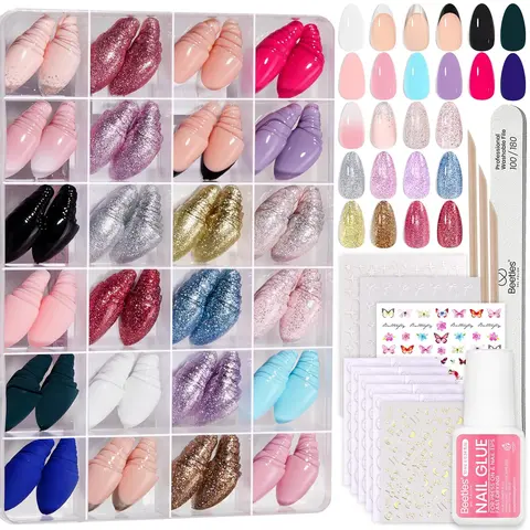 Beetles Soft Polish Press on Nails Kit , Press on Nails Short Almond Glossy Matte Glitter With Nail Glue & Nail Tabs Stickers, Natural Fit Lightweight Fake Nails Nail Art For Women Girls