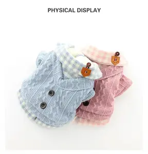 Soft Pink Dog Sweater with Black Button Closure & Cute Cartoon Print Collar for Small/Medium Dogs Winter Fleece Pet Shirt Easy Wear & Take Off Hand Washable Durable Comfortable