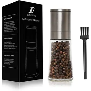 Stainless Steel Pepper Grinder or Salt Mill 1pk - Coarseness Adjustable Sea Salt Grinder or Pepper Mill Grinder - Small Manual Salt Pepper Shakers with Glass Container