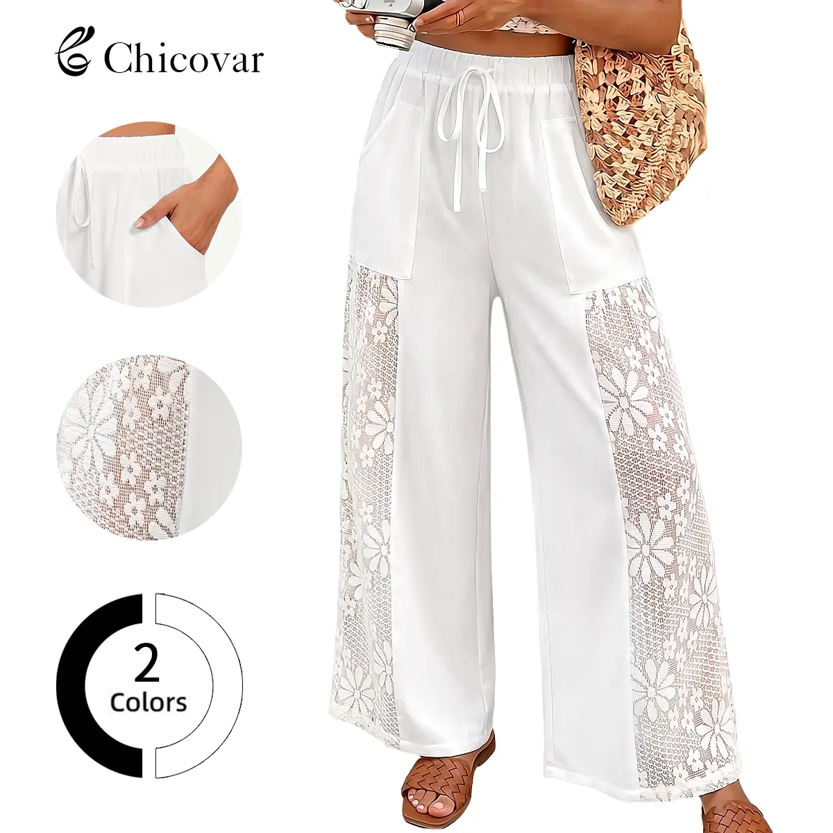 Chicovar Women's Boho Lace Splicing Wide Leg Pants, High-Waisted Stretchy Drawstring Design, Lightweight, Flowy, Trousers with Pockets & Casual, Daily, Beach Vacation, Sohochic
