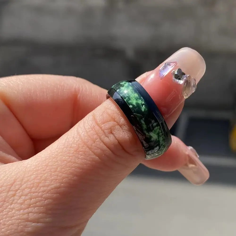 Male Gingham Ring, Elegant Copper Band with Green Moss Floral Motif, Everyday Wear Accessory, Wedding Gift Option for Men