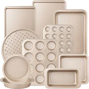 10-Piece Nonstick Carbon Steel Baking Set with Silicone Handles, Stackable Oven Bakeware Including Square/Round Cookie Sheets, Muffin Cups, Cake, Pizza, Loaf & Roasting Items, Gold, Cup