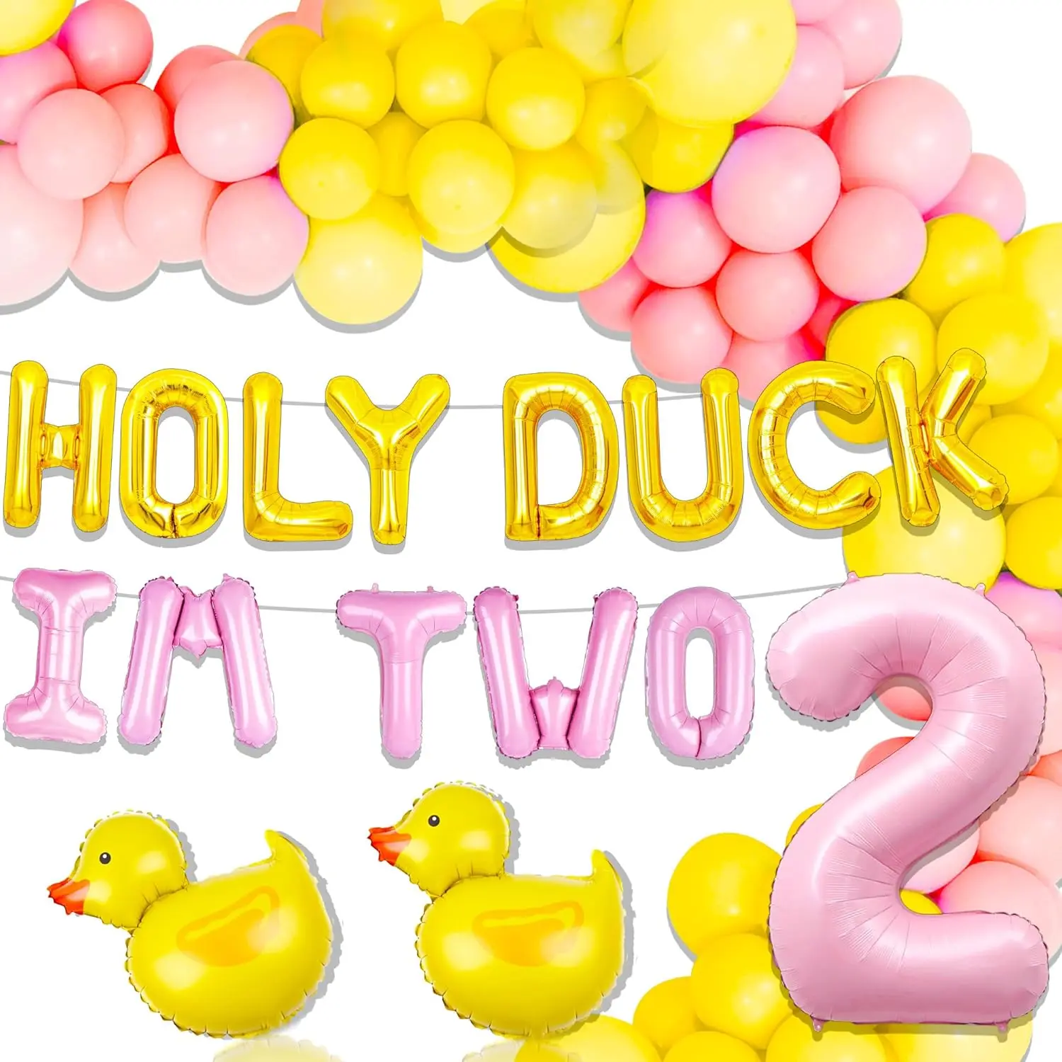 Holy Duck I'm 2 Second Birthday Decorations Kit - Banner, Balloons, Rubber Duck Party Favors for Toddler 2nd Birthday Celebrations
