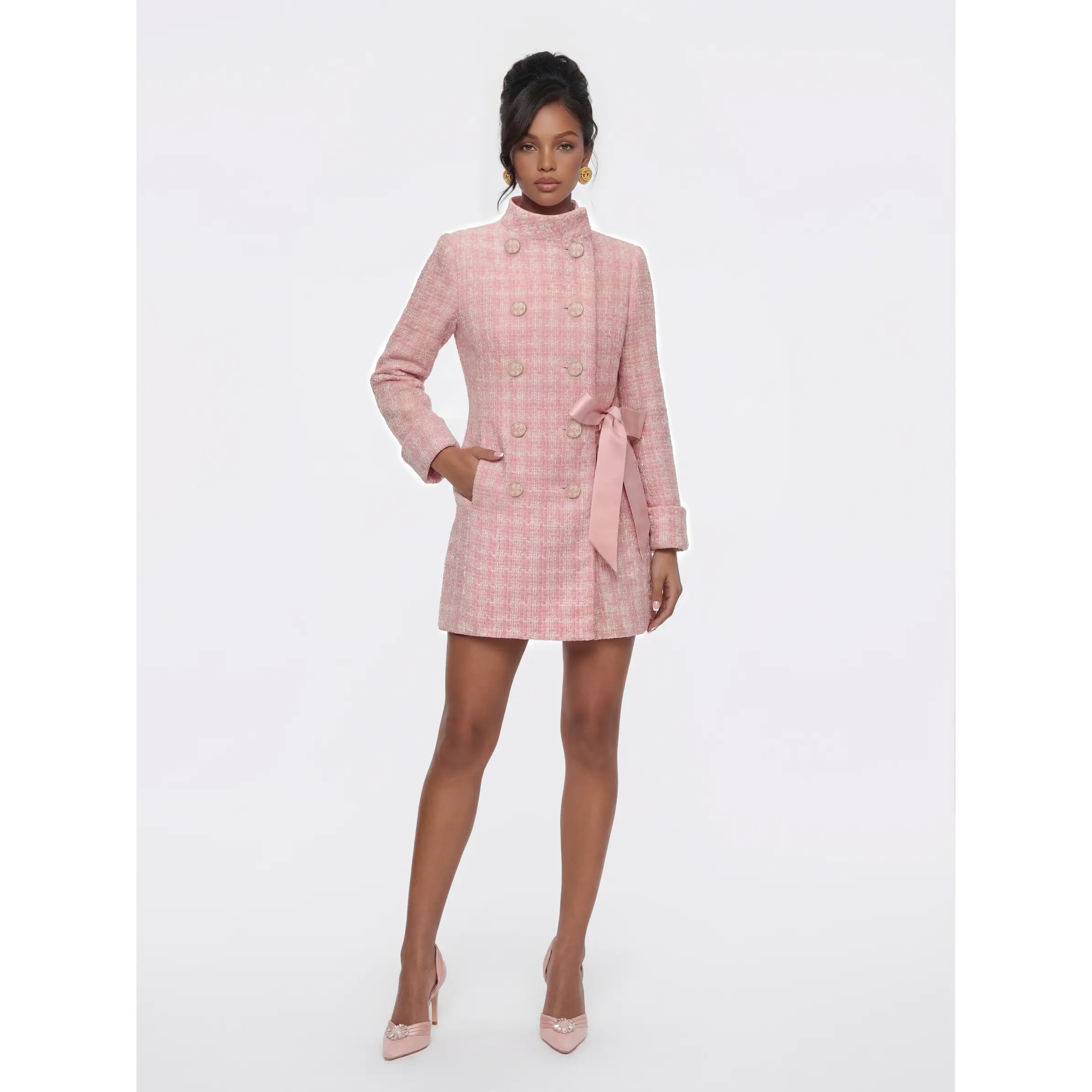 Bianca Tweed Bow Pink Double-Breasted Coat (Final Sale)