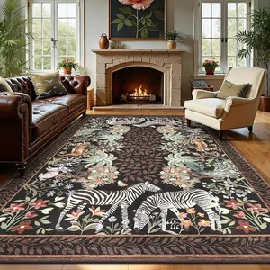 American Vintage Zebra Pattern Living Room Rug, Luxury Sofa Coffee Table Mat, Non-Slip Bedroom Carpet, Home Decor Accessory
