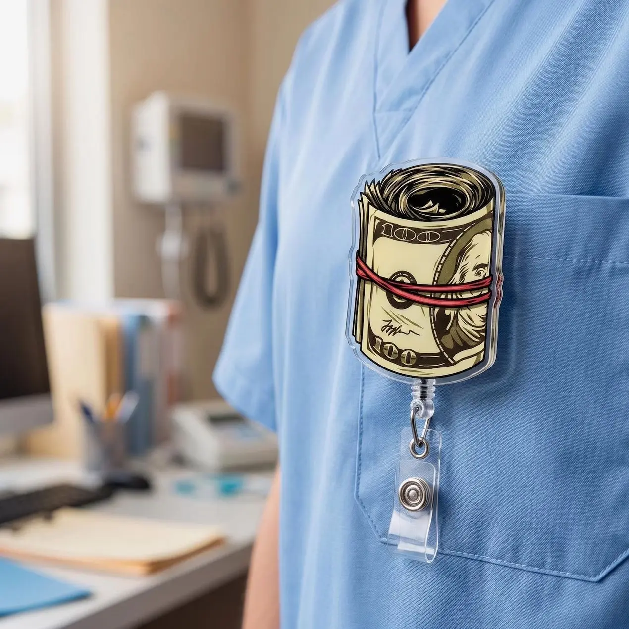 Funny Money Roll Badge Reel Retractable ID Holder 100 Dollar Cash Stack Acrylic Nurse Badge Clip Wealth Hustle Gift