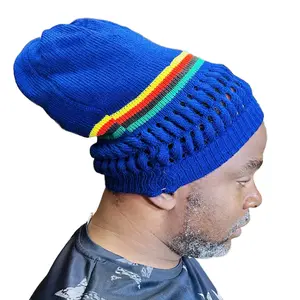 Deep blue hand knitted hat with Rasta stripes trucker hat