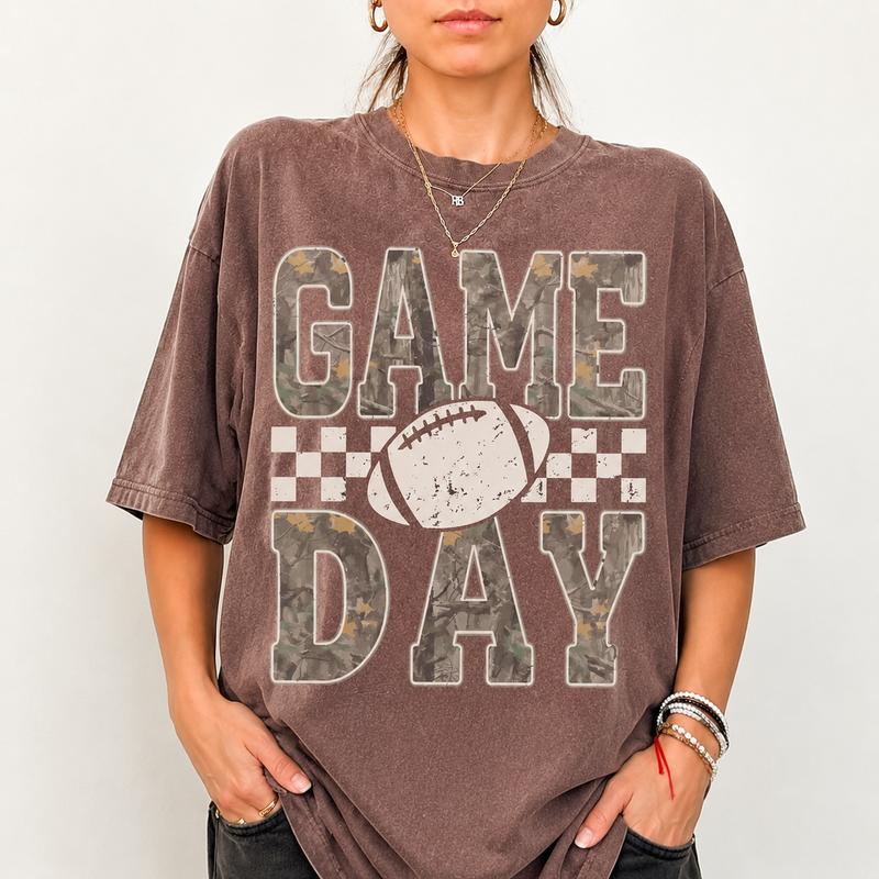 Comfort Colors Camo Checkered Football T-Shirt, Trendy Game Day Graphic Tee, Fall Football Fan Tshirt, Tailgate Sports Mom Gift