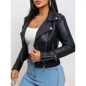 Women's Fashion Faux Leather Jacket 2024, Slim Fit PU Leather Biker Jacket, Solid Color, Long Sleeve, Zipper Front, Spring/Autumn Season, with Pockets, Commuter Style Fabric Womenswear(Sheets)