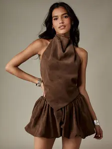 MISSGUIDED Suede Halter Neck Top With Bubble Mini Skirt