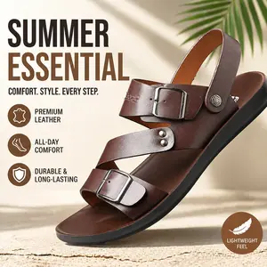 Men’s Open-Toe Double-Buckle Leather Flat Sandals, Casual Low-Heel Footwear, Cool Simple Design, Comfortable Black Walking Shoes for Summer Active Lifestyle, Ideal Father’s Day Gift