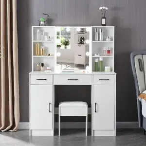 Large Makeup Vanity Table Stool Set with 10 LED Mirror Dressing Table with Cabinet And 3 Drawers US