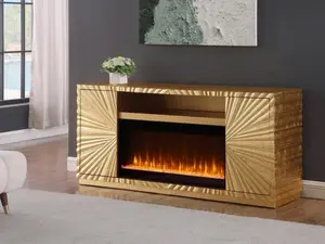 Best Master T2021GF Everly Quinn Dickson Gold Finish Wood Sunburst Pattern Sideboard Server Cabinet with Fireplace Insert Modern Furniture 65.5" x 17.5" x 31" H
