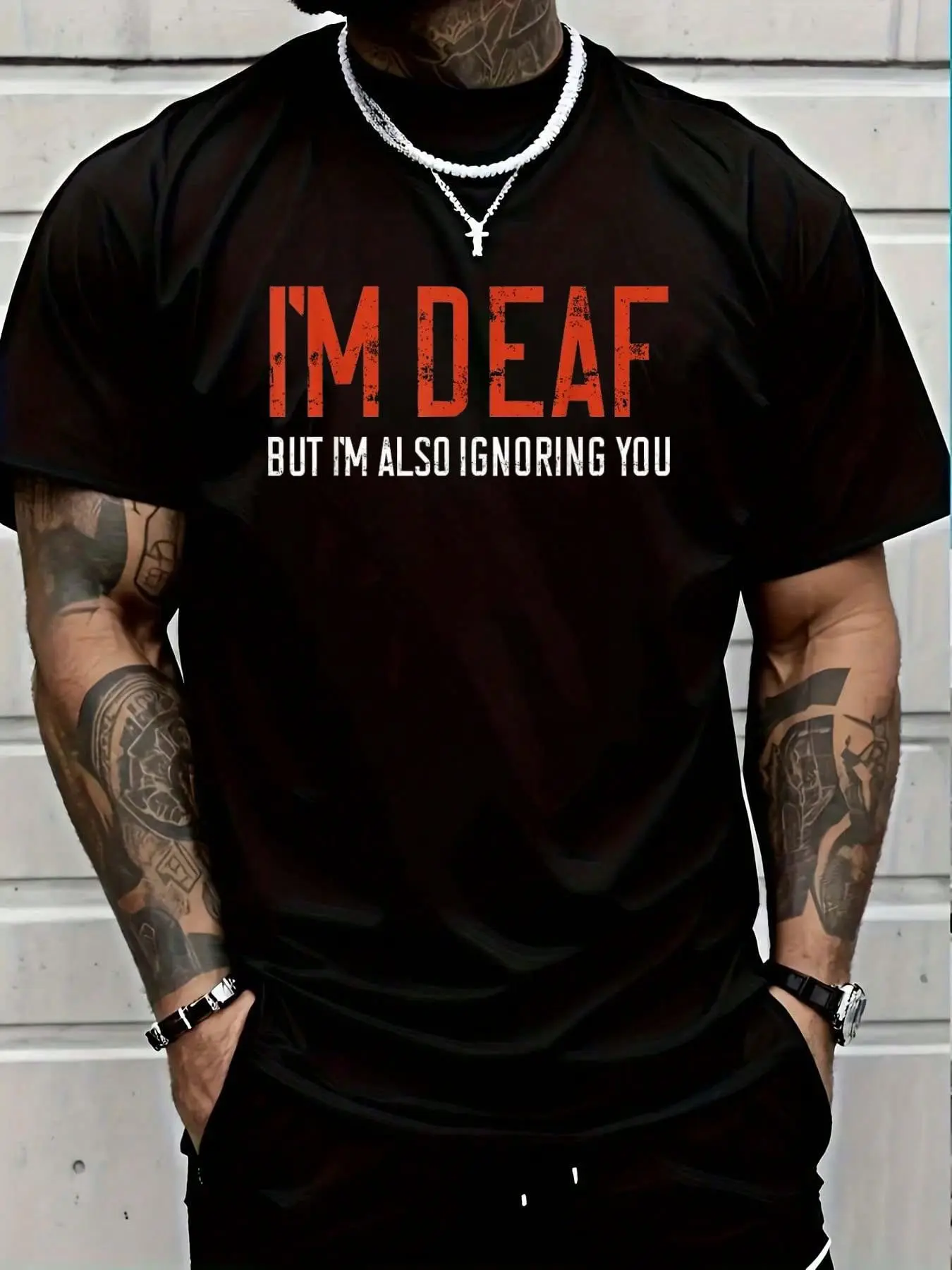 Men's 100% Cotton Vintage Short-Sleeve Round Neck Street Style Drip T-Shirt, Funny "I'm Deaf But I'm Also Ignoring You" Hearing Impaired Distressed Graphic Top for Summer Vacation