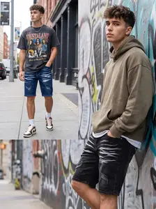 Men's 2 Piece Denim Shorts and Graphic Print Tshirt Summer Casual Outfit Dark Gray Blue