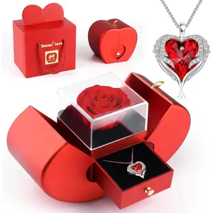 Preserved Real Rose,Eternal Flower Rose with Heart Necklace,Preserved Flowers Rose Gifts for Women,Girlfriend,Mom,Wife,Gifts Idea on Christmas,Valentine's Day,Mother's Day,Birthday,Anniversary