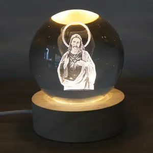 Glowing 3D Jesus Crystal Ball Lamp - K9 Glass Sphere with Engraved Sacred Heart of Jesus, LED Wooden Base Night Light, Perfect Christian Religious Gifts for Friends & Family