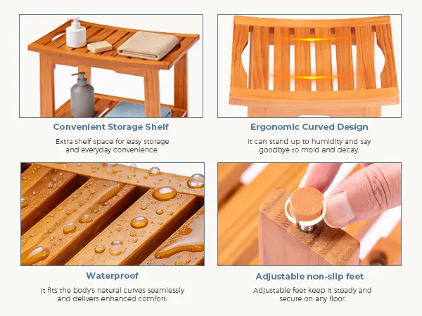 Sweetcrispy Teak Wood Compact Multifunctional Portable Stool - Waterproof, Non-Slip, with Shelf & Handle, Easy Move, Ideal as Shower Stool for Inside Shower & Small Bathrooms