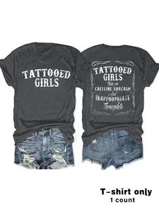Women's Summer Casual Fitted Short Sleeve T-Shirt, Tattoo Letter Print, Breathable Comfort Fit S-Xxl, Daily Wear & Versatile Style, Womenswear
