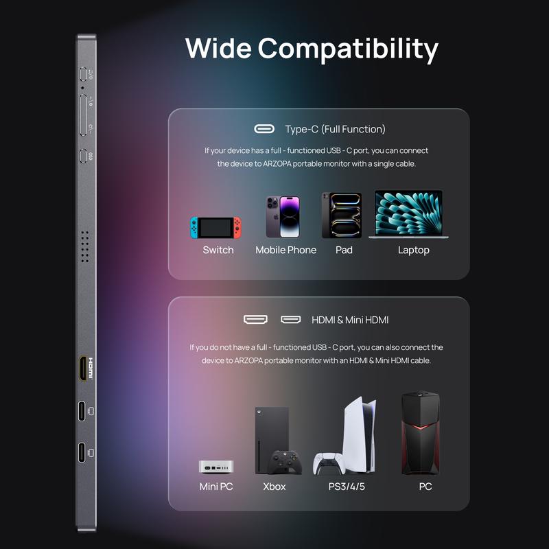 ARZOPA 16.1" Portable Gaming Monitors – 180Hz 1440P QHD / 144Hz 1080P FHD – Ultra Slim External Display for Laptops Gaming PC PS5 Xbox Mac with Built-in KickStand & Dual Speakers – Gray