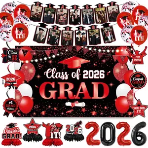 Holkcog 2026 Graduation Decorations, Black Red Class of 2026 Congrats Graduation Backdrop, Balloons, Honeycomb ornament for Graduation Party Decorations, O