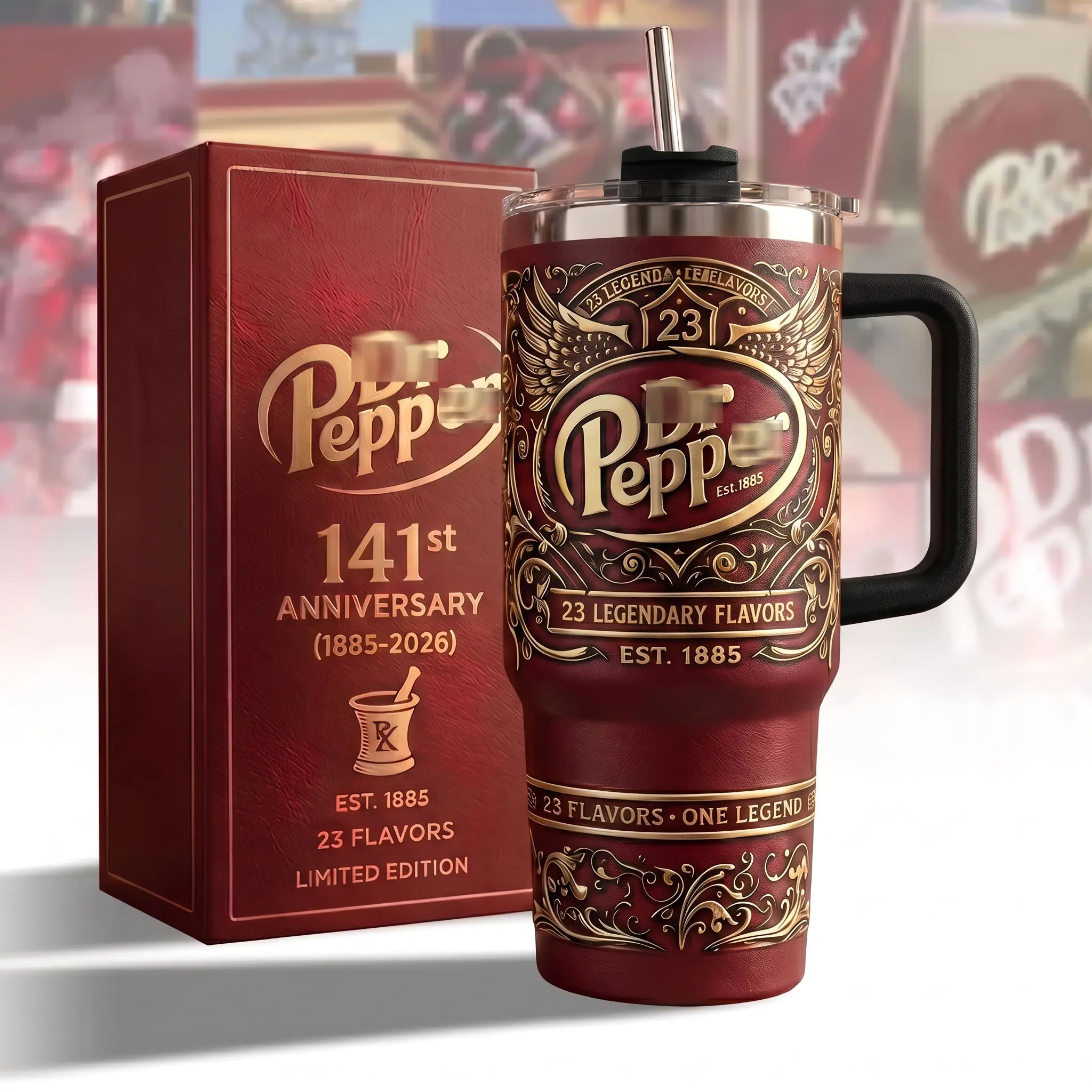 Pepper 141st Anniversary Tumbler 40oz With Handle & Straw, Limited Edition 1885-2026 Collector Cup, Retro Soda Fan Gift, Vintage Pepper Drinkware, 23 Flavors Stainless Steel Travel Mug, Insulated Beverage Tumbler
