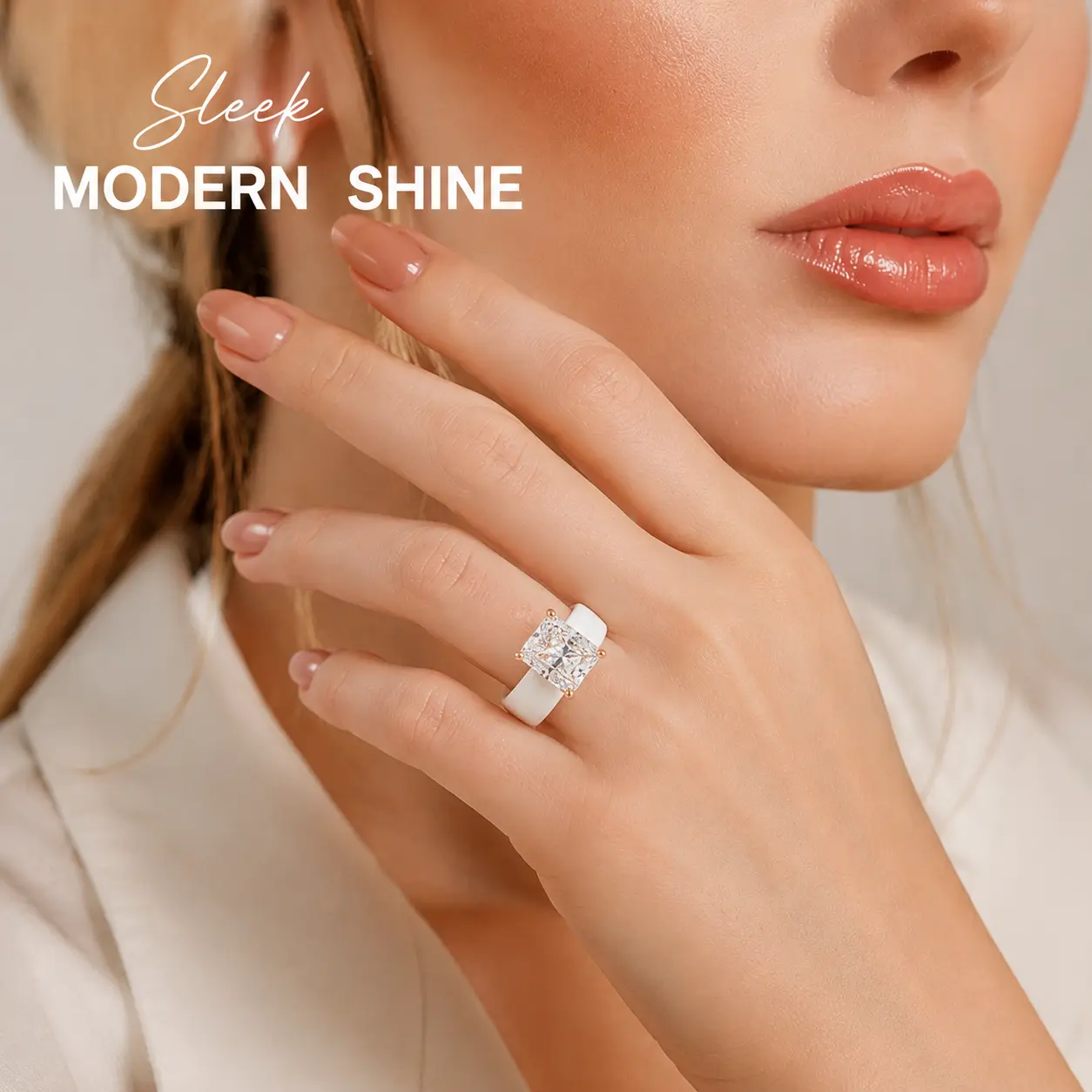 Gorgeous Sparkling Radiant Cut Square Moissanite Cocktail Ring, Rose Gold Prong Setting White Chunky Ceramic Band, Big Simulated Diamond Statement Ring, Luxury Engagement Wedding Band, Must-Have Fashion Jewelry Gift Idea For Her