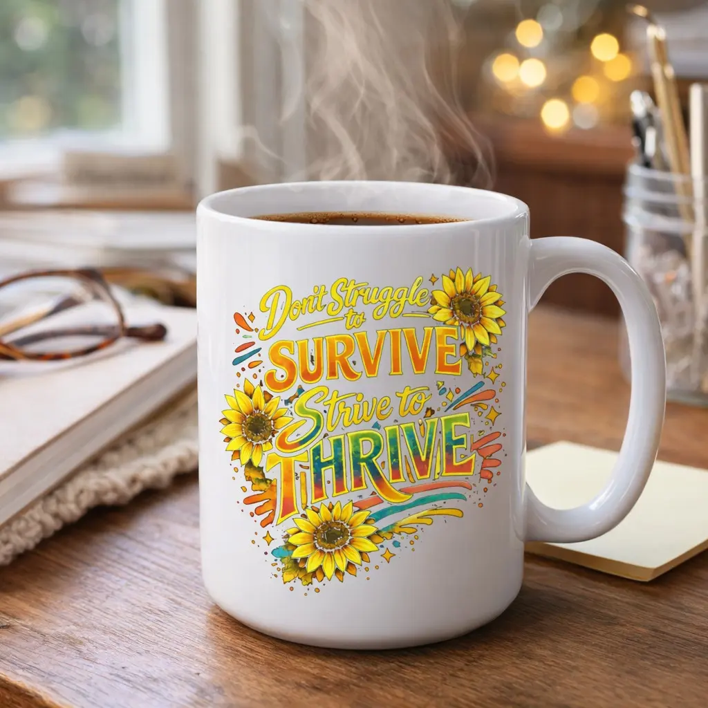 Glossy Graphic Ceramic Mug - Sunflower Themed, Inspirational Positive Quote, 11oz/15oz Basic Reusable Washable Kitchen Drinkware, Ideal Gift for Teachers