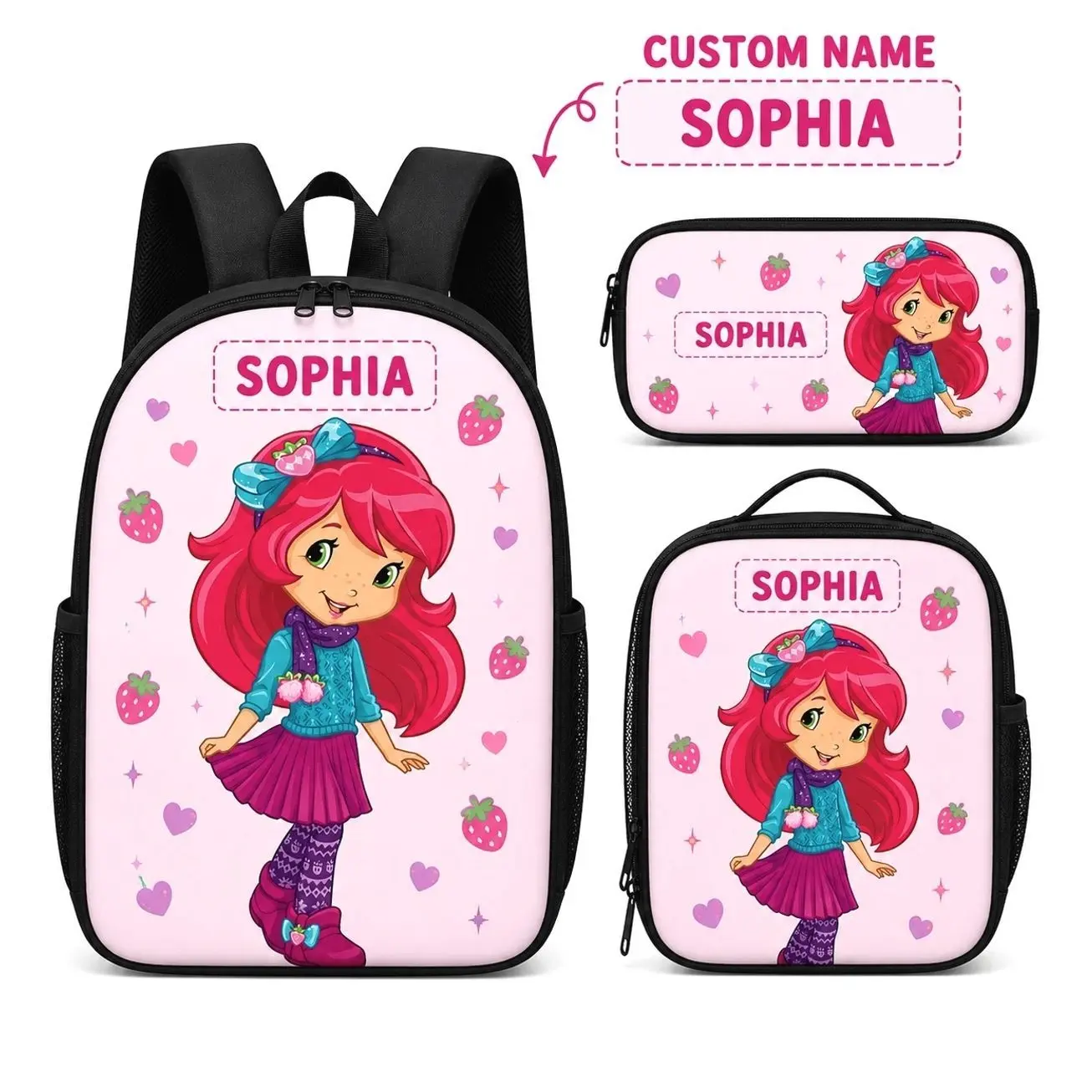 Personalized Pastel Strawberry Aesthetic Backpack Combo - 3Pcs Kids Schoolbag Insulated Lunch Bag Pencil Case - Custom Birthday Gift